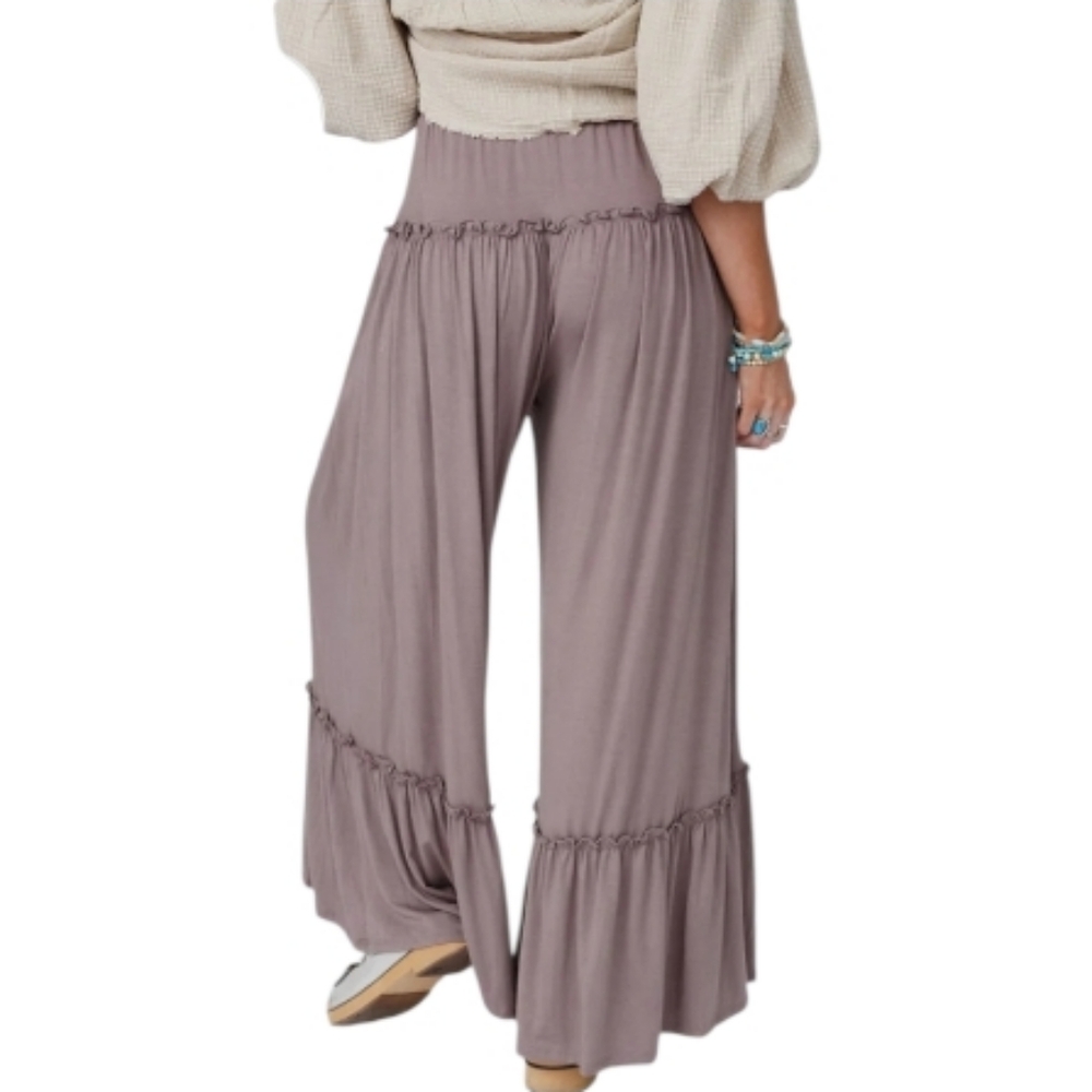 ASVIVID Tiered Ruffle Wide Leg Boho Palazzo Ruffle Trim Lounge Pants Mauve Sz.M - Picture 2 of 13
